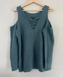 Express Teal Cold Shoulder Off the Shoulder Sweater Criss Cross Casual Oversized