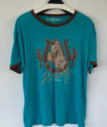 Ariat Women’s Howdy T-Shirt Teal Brown Short Sleeve Tee Large