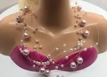 1980s Necklace Beaded Pale Pink Estate Costume Jewelry‎ 14" Choker Lightweight