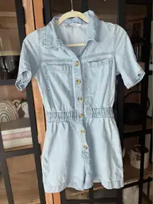 Zara denim playsuit romper utility button down short sleeve light wash pockets