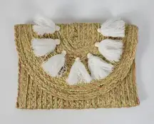 Mudpie Womens Envelope Clutch Beige Woven Straw Metallic Tassels Boho Handmade