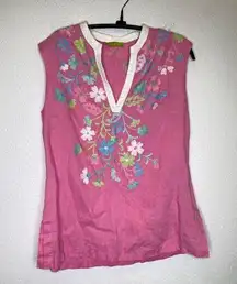 Sigrid Olsen  Floral Embroidered Pink Linen Tunic Top EUC Sz M Women’s Sleeveless