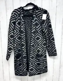 August Silk Sweater Women Size Medium Geo Diamond Pattern Fuzzy Knit Cardigan