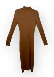 ASTR The Label Camel Ribbed Turtleneck Maxi Dress Minimalist Chic Slit L