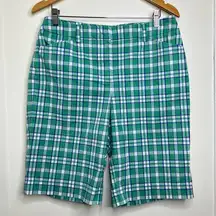 Jones New York Sport Stretch Green Plaid Bermuda Length Shorts Women’s Size 12