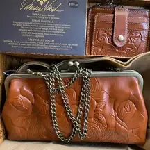 Authentic PATRICIA NASH LEATHER EMBOSSED GRAPE LEAF FRAME CROSB/CLUTCH/WALLET