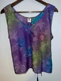 RIMA women’s Tank Top Faux Silk Blue/Purple‎ Watercolor palm tree Graphics small