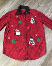 VTG Lemon Grass Festive Embroidered Red Snowman Button-Up Retro Shirt Size S