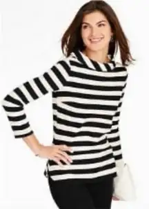 NWT‎ Talbots Striped Cowl Neck 3/4 Sleeve Button Back Top Blouse Black White LP