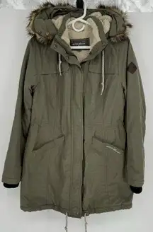 Eddie Bauer  Army Green Olive Insulated Parka Fur Hood Sherpa Jacket Coat Medium