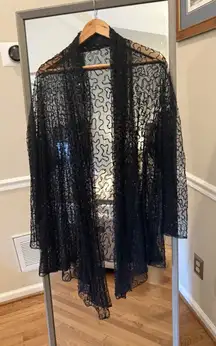 Black Beaded Mesh Cardigan Kimono Duster Sheer Sparkle