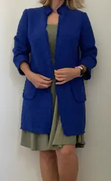 Chico's‎ Tweed Open Front Coat 0 Royal Blue Casual Fringe Long Jacket Cardigan