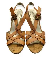 Guess Shoes Brown High Heeled Cork Wedge Leather Strappy Sandals Size 10M (s1)