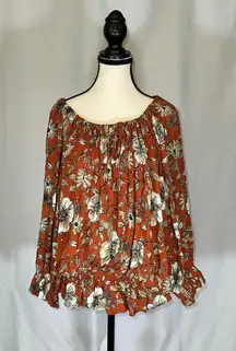 Easel • Burnt Orange Floral Top With Elastic Waist  Size Large