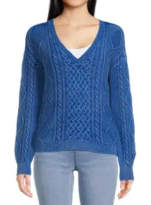 No Boundaries Washed Cable Knit Cozy V-Neck Pullover Sweater Casual Top Medium