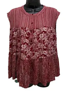 Everleigh Bohemian Deep Red Tiered Ruffle Button‎ Up Blouse Size Small Floral