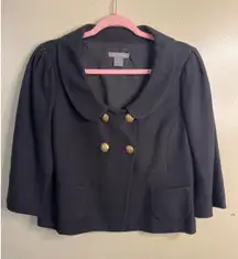 Ann Taylor double breasted 3/4 sleeve cropped black blazer gold buttons, size 6