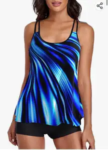 B2prity Cyan Striped Double Straps Tankini Set