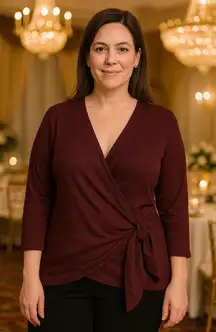 ANN TAYLOR Women's Burgundy Knot Front Wrap Cardigan Top Sz Large Casual Elegant