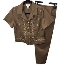 Talbots‎ Petites Brown Floral Embroidered Short Sleeve Pant Suit Set