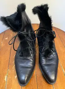 Stuart‎ Weitzman Black Faux Fur Lined Lace Up Leather Ankle Booties 7.5AA…