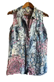 Dana Buchman Sleeveless Linen Rayon Floral Button Up Shirt Top Women's L