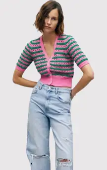 NWT ZARA Womens Cardigan Pink Striped V Neck Cropped Short Sleeve Sweater Small