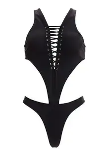 Agua Bendita Swimsuit One Piece Black Laceup Front Cutout Sides Arin Eter XL New