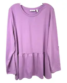 Denim & Co Plus Size 1X Top Peplum Solid Purple Long Sleeve Mature Office 1790