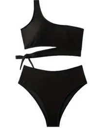 Chic One Shoulder Black Asymmetric Bikini Set Adjustable Tie Side Medium Stretch Size Xl