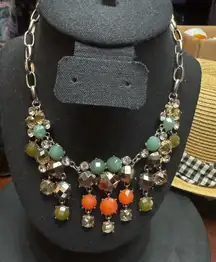 Stella & Dot floral bib Elodie necklace orange green Brown Clear Stones