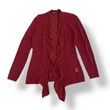 Eileen Fisher Wine Red‎ Linen Blend Open Knit Open Front Ruffle Cardigan Size XS