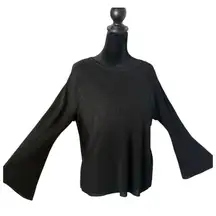 Eileen Fisher Organic Linen Blend Stretch Knit Top Size M Black Flare‎ Sleeves