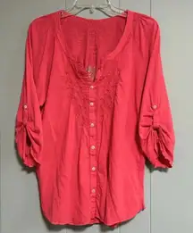 NINE WEST Vintage America Split V Button Front Embroidered Tab Sleeves Size XXL