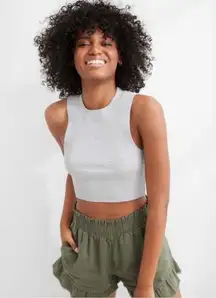 Aerie - Rebel Cropped Tank Top Raw Hem Heather Gray Ribbed High Neck Size Small