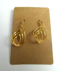 Gold Tone Fishhook Pierced Earrings Twisted Cat Eye Multi Hoops Dangly Dangle