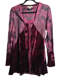 VTG Y2K Unity Womens Burgundy Velvet Zip Jacket Hoodie Floral Fairy Grunge L