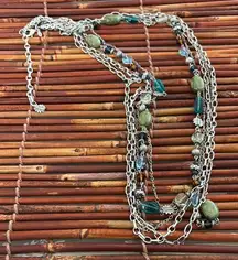 Premier Designs Green and Blue Multi-Strand Long Silver Necklace