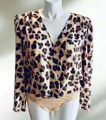 Bold Elements ! 0376 -  Cheetah Fashion Women Deep V Neck Print Wrap Bodysuit - Leotard Top Shirts Long Sleeve Sexy Blouse Party Tops - Size XXL