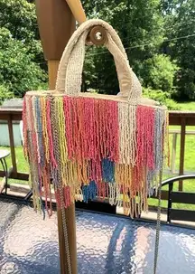 Beaded Multicolor Cream Fringe Bag Viral Beaded Statement Bag Marshall's NWT
