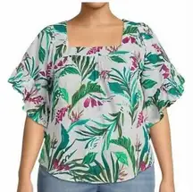 Terra & Sky Floral and Fronds square neck ruffle sleeve blouse Size Plus 4X