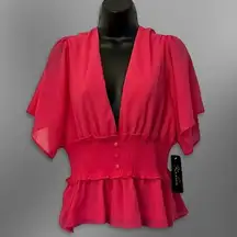 Kaleina Blouse Flowing Flutter Short Sleeves Deep V-Neckline Pink Women's L NWT