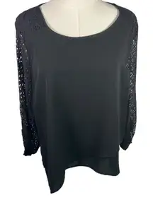 Skies Are Blue Black Blouse XLP Lace Crochet Sleeve‎ Back Detail Classic Career