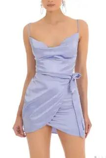 Blue Satin Cowl Neck Wrap Dress