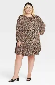 Women's Long Sleeve Tiered Shift Dress - Ava & Viv Brown Animal Print 1X