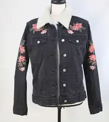 PacSun faux fur lined floral embroidered denim jacket