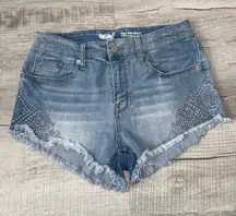 Mossimo Denim High Rise Jean Shorts Women’s 6/28 Blue Frayed Hem Embroidered 