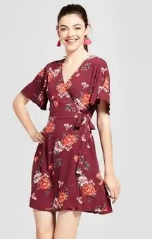 Maroon Wine Fall Autumn Floral Wrap Dress Sz M