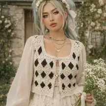 Lola Crochet Cardigan Top Sheer Sleeves Cottagecore Heirloom Boho Chic Fairycore