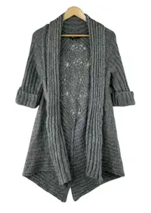 BCBGMaxazria Sweater Cardigan Womens Large Gray Crochet Back Long Heavyweight
